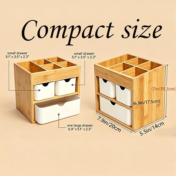 Bamboo Makeup Organizer with 3 Pink Drawers, Dresser Cosmetic Organizer Box,Bamboo Desk Organizer for Home with Adjustable Dividers