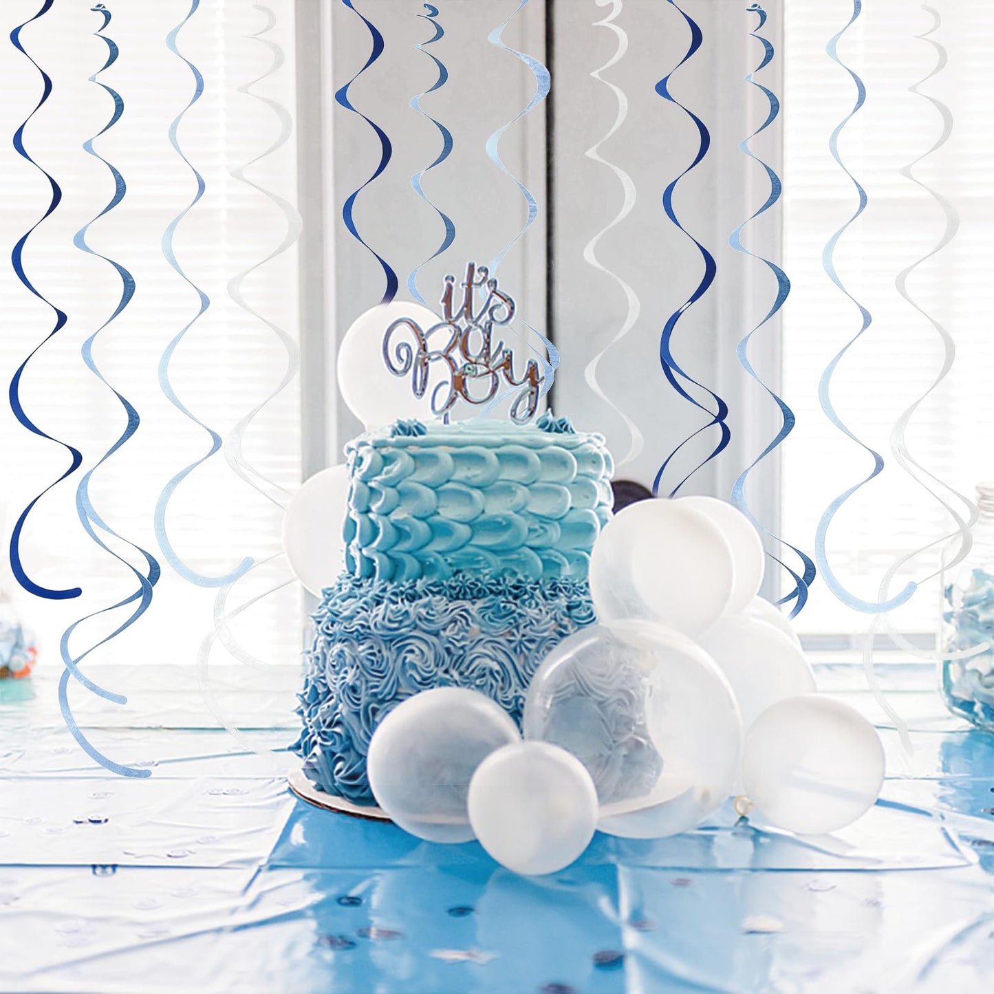 48 Pcs Blue Hanging Swirl Party Decorations Ombre Blue Felt Ceiling Spiral Streamers with Hooks for Birthday Wedding Baby Shower Graduation Party Supplies
