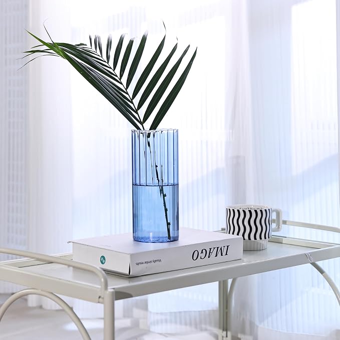 ComSaf Glass Cylinder Vases, Bud Vase for Centerpieces, 8 Inch Tall Ribbed Vase Hurricane Floating Candle Holder, Decorative Flower Vases for Wedding Reception, Home Decor, Housewarming Gift (Blue)