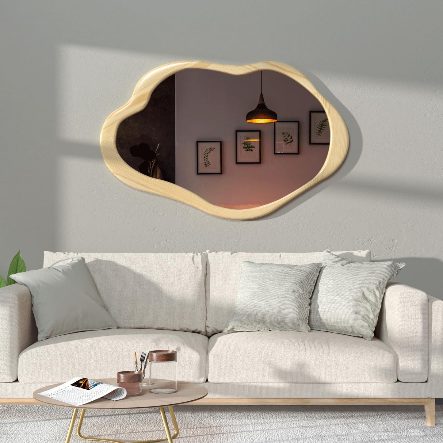 osemy 42"x 28" Irregular Wall Mirror, Natural Wood Framed Wall Mirror, Asymmetrical Wall Wavy Mirror for Living Room Bedroom Entryway Bathroom Modern Decorative Cloud Mirror Hanging Hooks