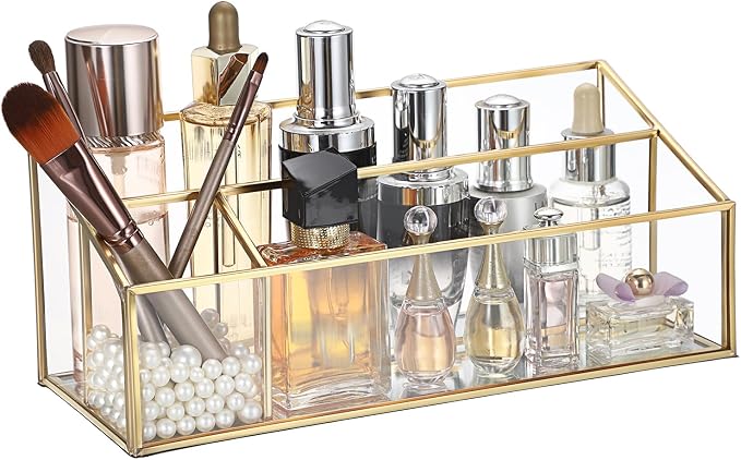 Hipiwe Makeup Organizer Countertop Cosmetic Display Case Gold Glass Vanity Storage Holder 3 Slots Dresser Bathroom Counter Organizer for Makeup Brush Lipsticks Perfume Skincare Products