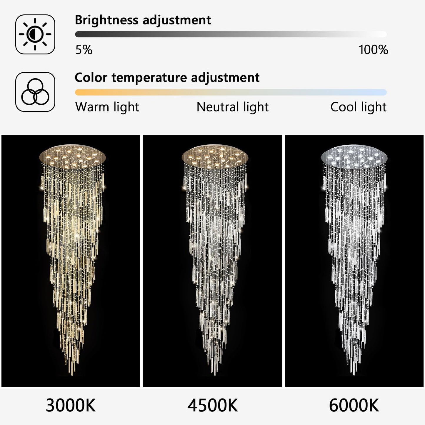D40'' x H120'' Crystal Chandelier High Ceiling Chandeliers for Entryway Large Raindrop Chandeliers LED Dimmable Flush Mount Light Fixtures for Staircaes Foyer Hallway Living Room Bulbs Included Silver