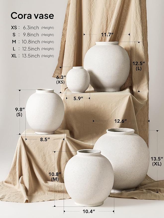 White Ceramic Vase - Large 13.5 Inch Round Floor Vase for Centerpieces, Farmhouse Flower Vases, Rustic Minimalist Home Decor (Sandstone White)
