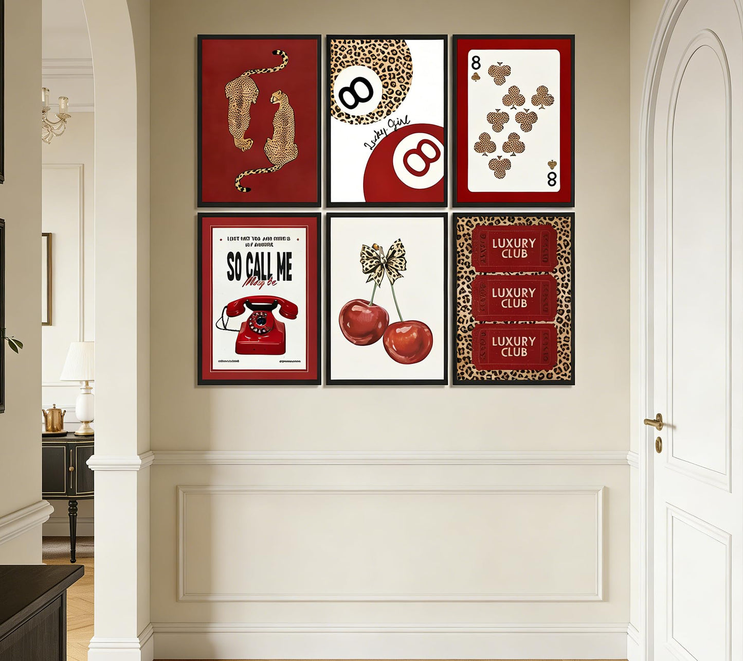 6Pcs Red Trendy Leopard Wall Art Funky Lucky 8 Ball Poker Painting Pictures Preppy Cherry Bow Wall Decors Y2K Cheetah Posters Print Artworks for Bedroom Dorm Apartment Home Decoration 8x10in Unframed