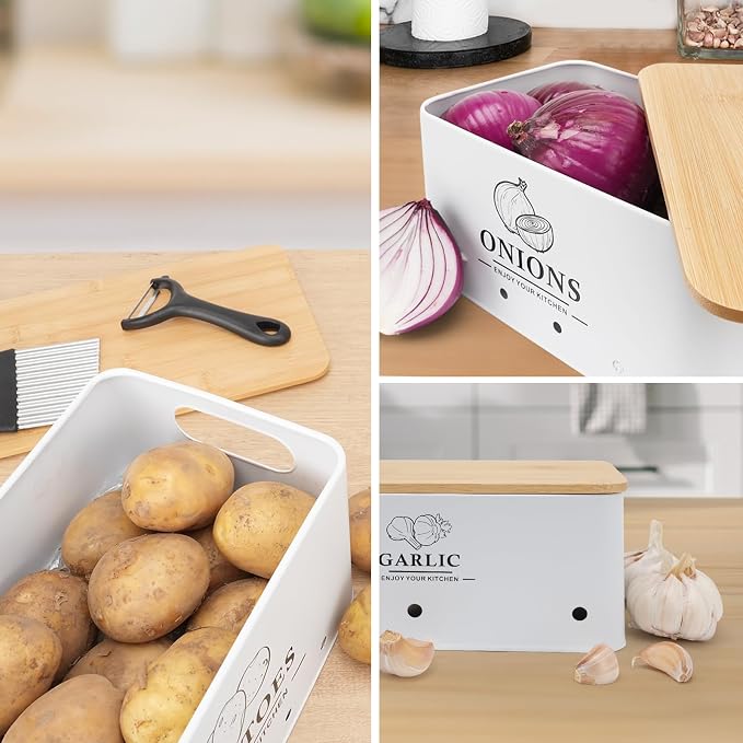 Kitchen Vegetable Storage Set of 3, Metal Onion Garlic Potato Storage Set, Kitchen Canisters Vegetable Keeper Containers with Aerating Holes and Bamboo Lid,White