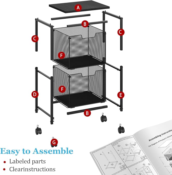 Sbanmao Rolling File Cart with 2 Storage Drawers, Mobile File Cabinet with Wheels, Hanging File Folder Organizer, Under Desk Storage, Printer Stand Utility Cart Filing Cabinet for Home Office,Black