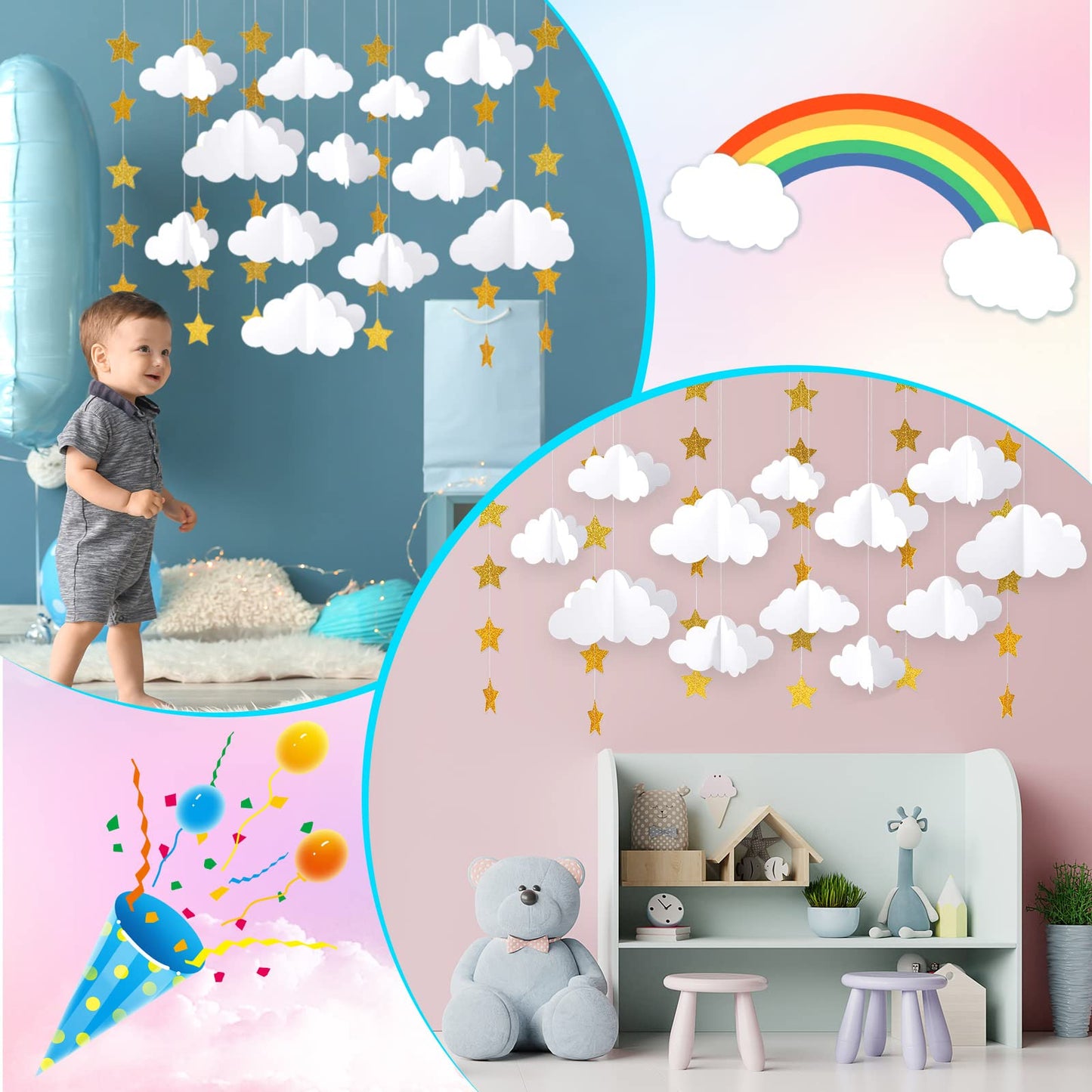 Hotop 18 Pcs 3D Cloud Party Decorations Hanging Clouds with Stars Garland White Paper Decorations for Baby Shower Wedding Ceiling Party Room Decor