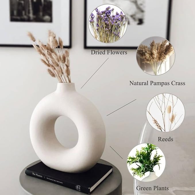 White Ceramic Donut Vase Set of 2, Hollow Matte Pampas Flower Vases for Boho Home Wedding Party Room Dinner Table Shelf Decor.（White）