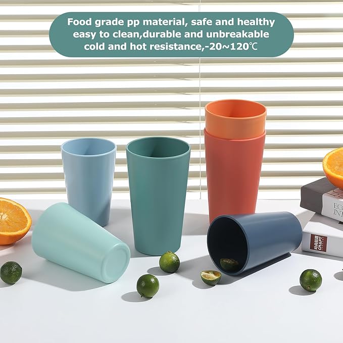 HEYCOME 24 Pcs Unbreakable Plastic Cups Set, 12 Pcs 14 oz and 12 Pcs 20 oz Reusable Plastic Cups, Stackable Water Tumblers, Drinking Cup for Kitchen, BPA-free, Dishwasher and Microwave Safe, 6 Colors