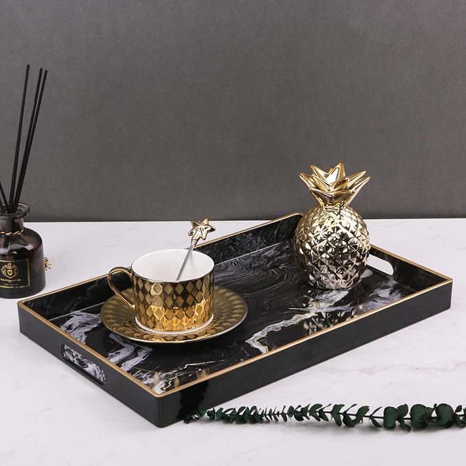 Decorative Tray, Marbling Plastic Tray with Handles, Rectangular Vanity Tray and Serving Tray for Bathroom, Kitchen, Ottoman and Coffee Table, 15.6” x 10.2”, Black