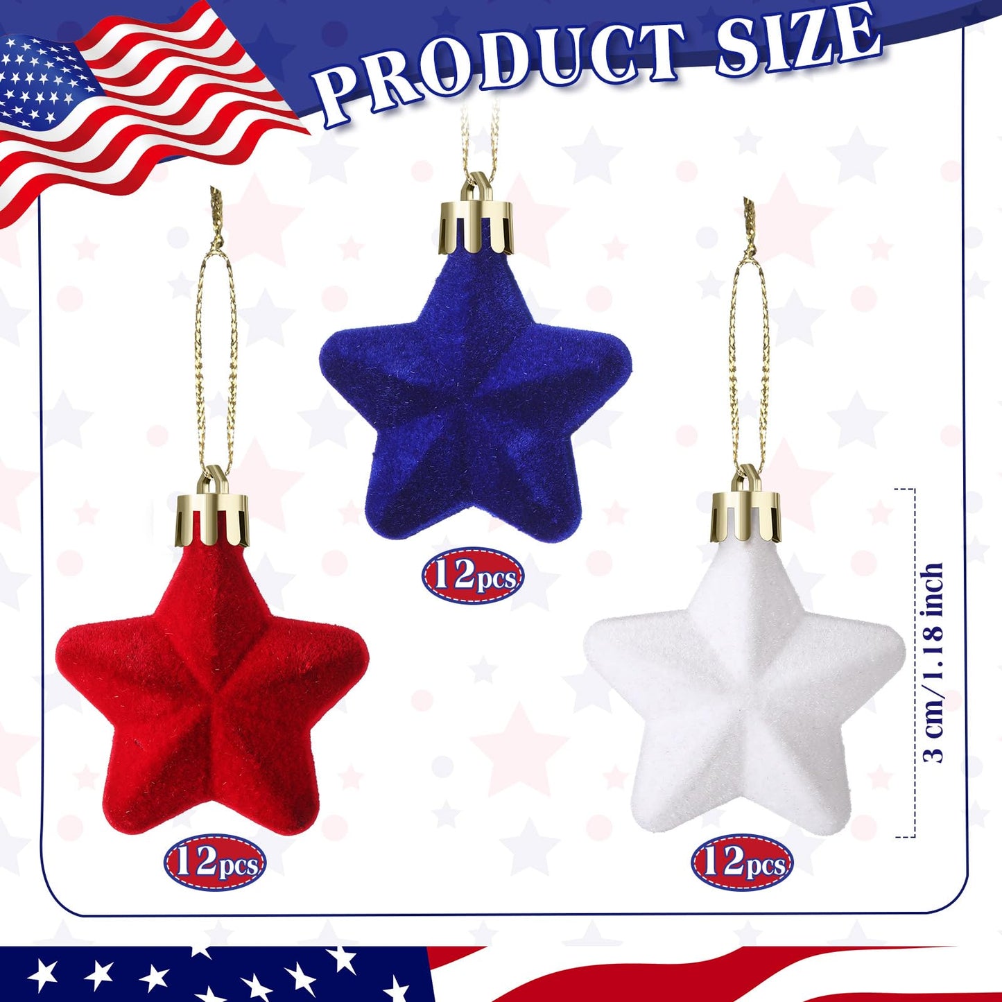 PullCrease 36 Pcs Patriotic Velvet Star Ornaments 1.18 Inch 4th of July Independence Day Tree Decorations Red White Blue Mini Fuzzy Patriotic Ornaments Hanging Stars Memorial Day 250th Anniversary