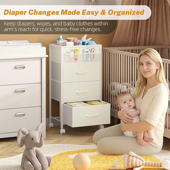 4-Tier Baby Diaper Caddy Organizer Cart with 3 Storage Drawers, Rolling Cart with Dividers & Side Pockets for Nursery, Baby Essentials, Toys, Wipes & Creams, Portable Kids Storage Cart & Station