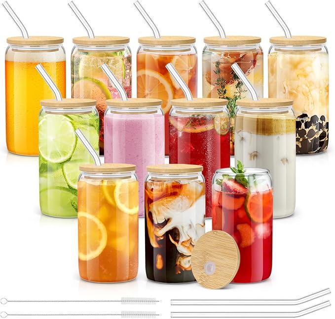 sungwoo 12PCS Glass Cups with Bamboo Lids and Straws, 16OZ Ice Coffee Cup, Drinking Cup set with Wooden Lids, Home Essential Glass Tumblers for Beer, Cocktail, Tea and Latte Clear