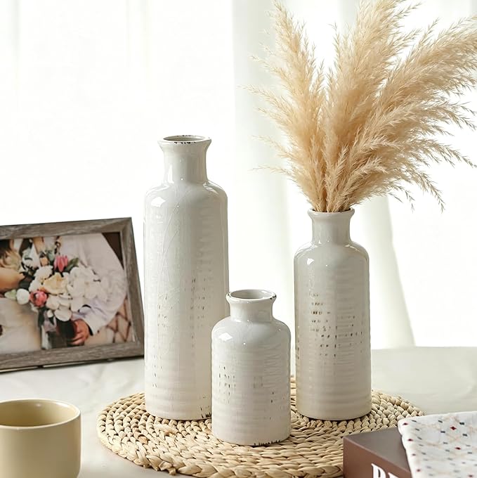White Ceramic Vase Set of 3, Rustic Vase for Farmhouse Shelves, Ocean Beach Style, Mantle, Fireplace, Coffee Table, Shelf for Living Room