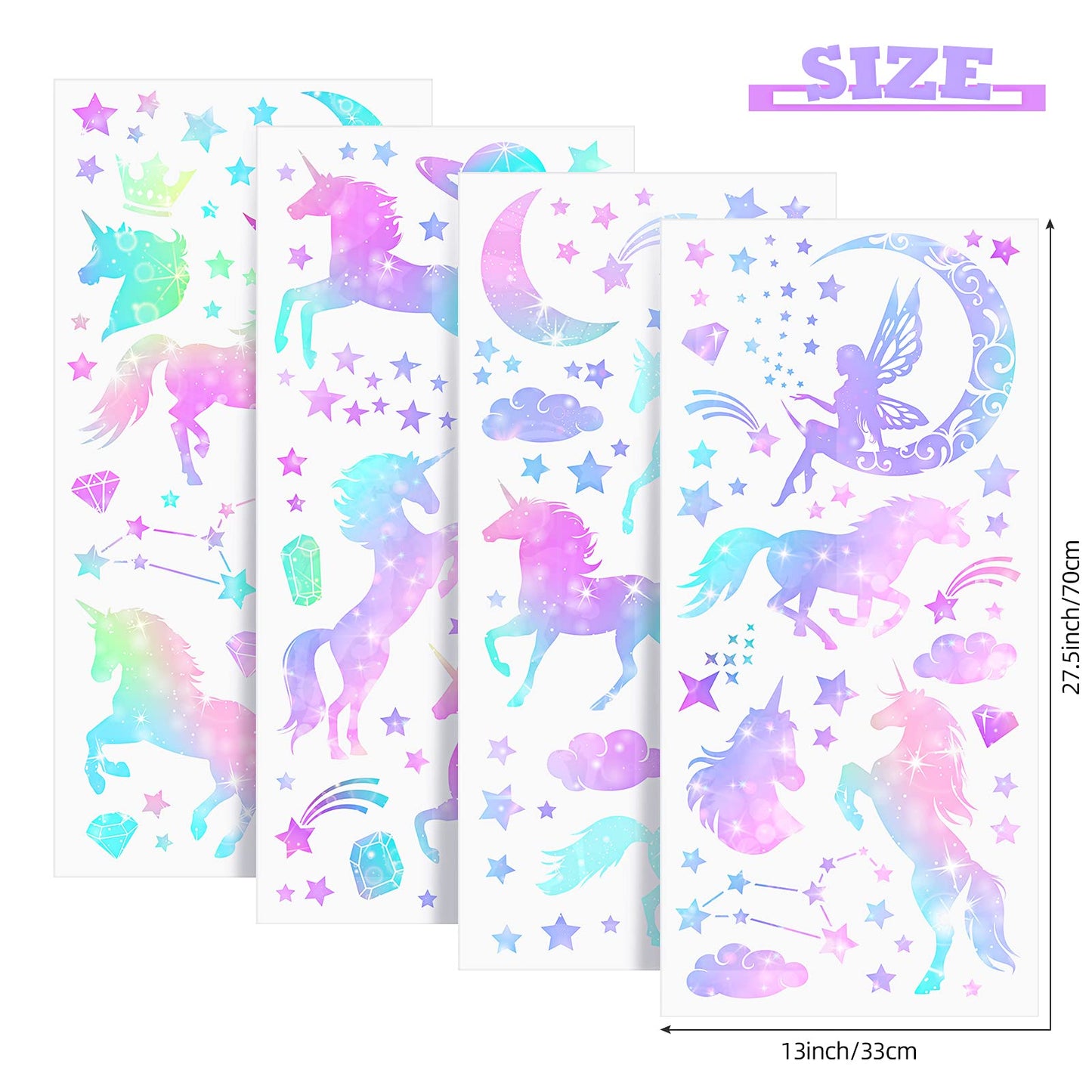 4 Sheets of Unicorn Peel and Stick Wall Decal Glitter Unicorn and Fairy Wall Stickers Cartoon Wall Decals Removable DIY for Bedroom Playroom Living Room Decor