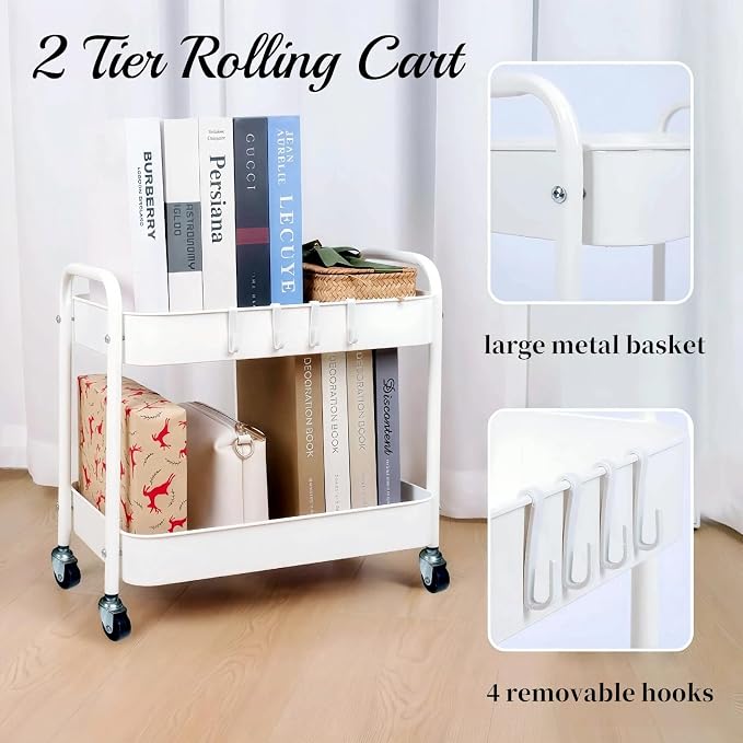 Under Desk Storage Cart 2 Tier Utility Rolling Cart with Wheels, Small Metal Mobile Trolley with Handle Two Tiered Utility Organizer Roller for Kitchen Office Bathroom Pantry Room, White