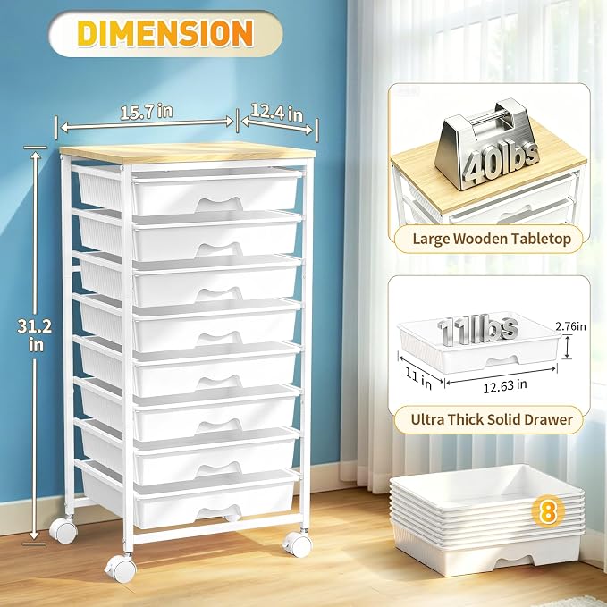 SUNALLY Rolling Cart With 8 Drawers, Storage Drawer Carts with Wooden Tabletop and 2 Lockable Wheels, 8 Tier Rolling Cart for Craft Art Supply Storage & Home Office Organization, White