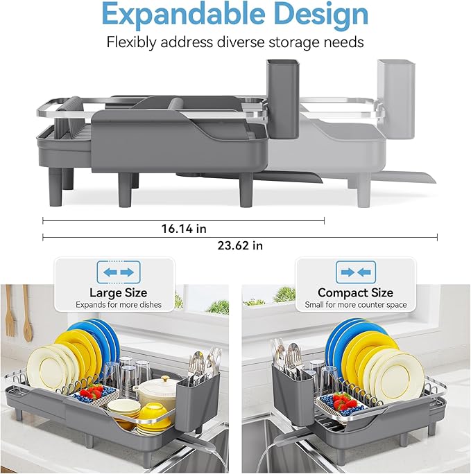 Urackify Dish Drying Rack for Kitchen Counter, Expandable Stainless Steel Dish Racks with Adjustable Water Spout, Space Saving Dish Drainer with Cutlery Holder,16.14"-23.62" L x 12.99" x 8.78",Grey
