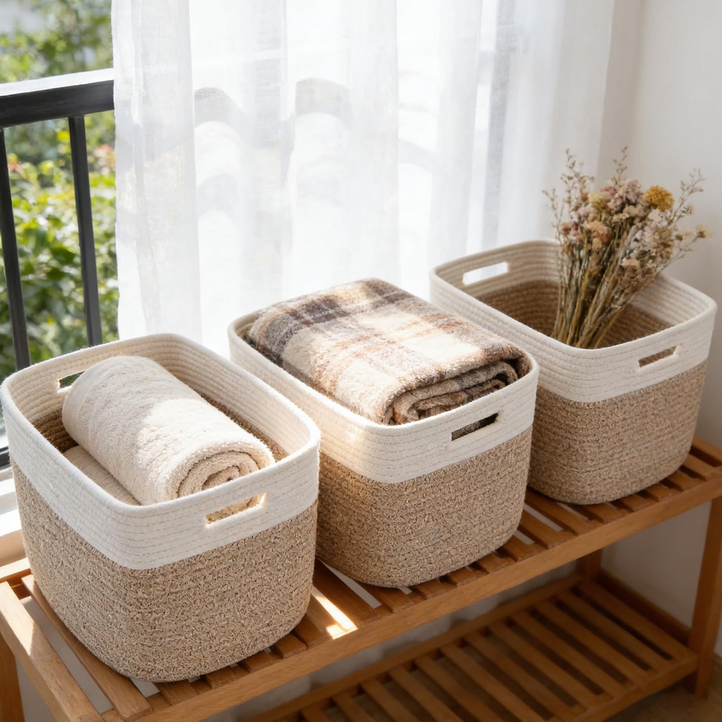 HZFTJOY 3 Pack Woven Rope Storage Baskets for Shelves,13.5"×11"×9.5" Storage Bins with Handles,Empty Gift Baskets,Nursery Organizer for Toys,Towels,Books,Closet,Living Room,Bedroom (White & Brown)
