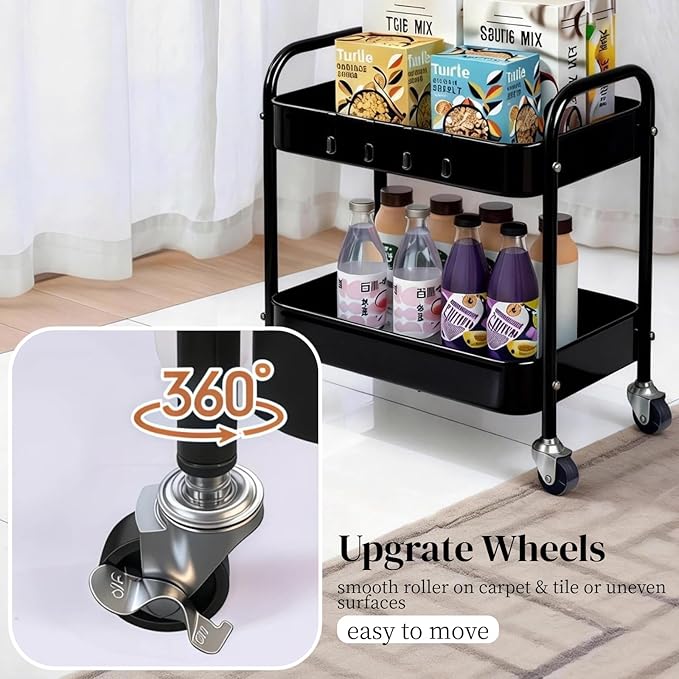 2 Tier Metal Rolling Utility Cart with Wheels Under Desk Storage Cart with Handle, Roll Around Organizer Trolley for Small Space Pantry Bathroom Home Kitchen Office Snack Baby Supplies, Black