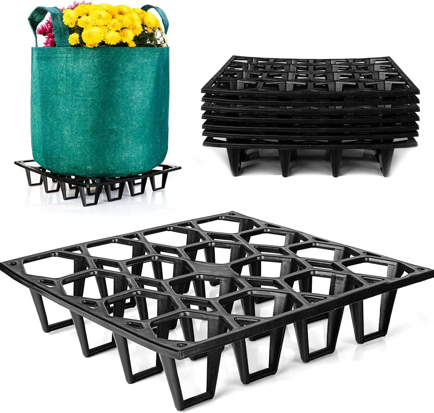Cannrise Plant Riser – Modular Pot Spacer for Grow Bags, Planters & Containers – UV-Resistant Drainage Tray for Airflow, Root Health & Cleaner Surfaces (Standard Black, 7 Pack)