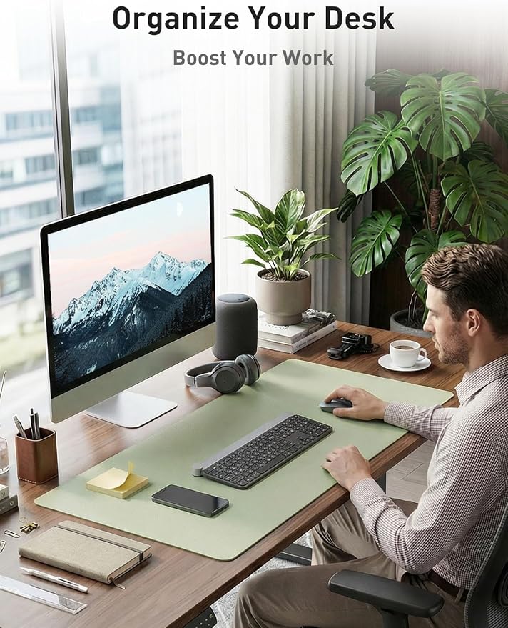 Aothia Faux Leather Desk Mat - Non-Slip PU Leather Desk Blotter, Waterproof Writing Surface, Large Desk Pad for Office & Home (Grass Green, 55" x 17")