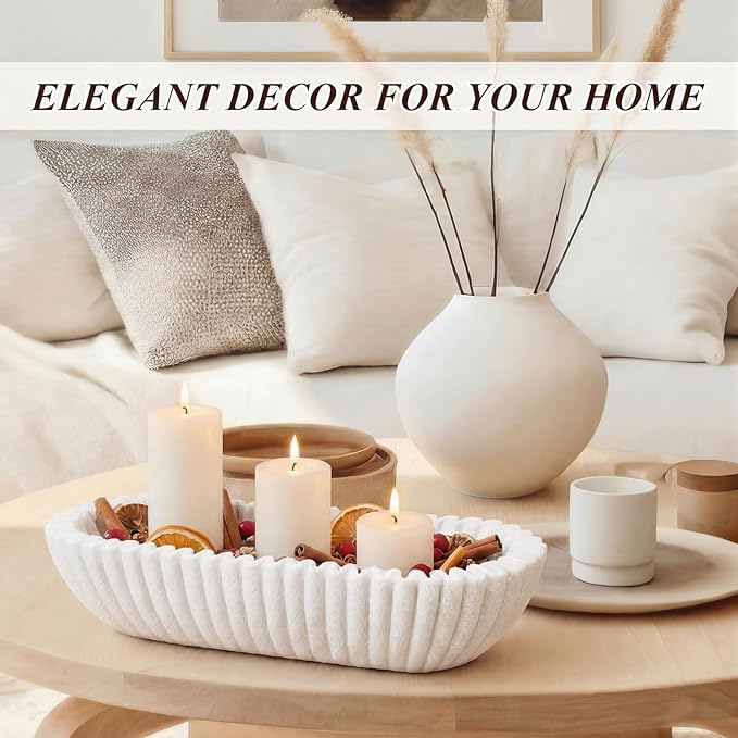 Large Decorative Bowl for Home Decor Long Dough Key Bowls Coffee Table Decor Centerpiece White Ruffle Scalloped Resin Modern Handicraft Bowl for Kitchen Counter Farmhouse Entryway