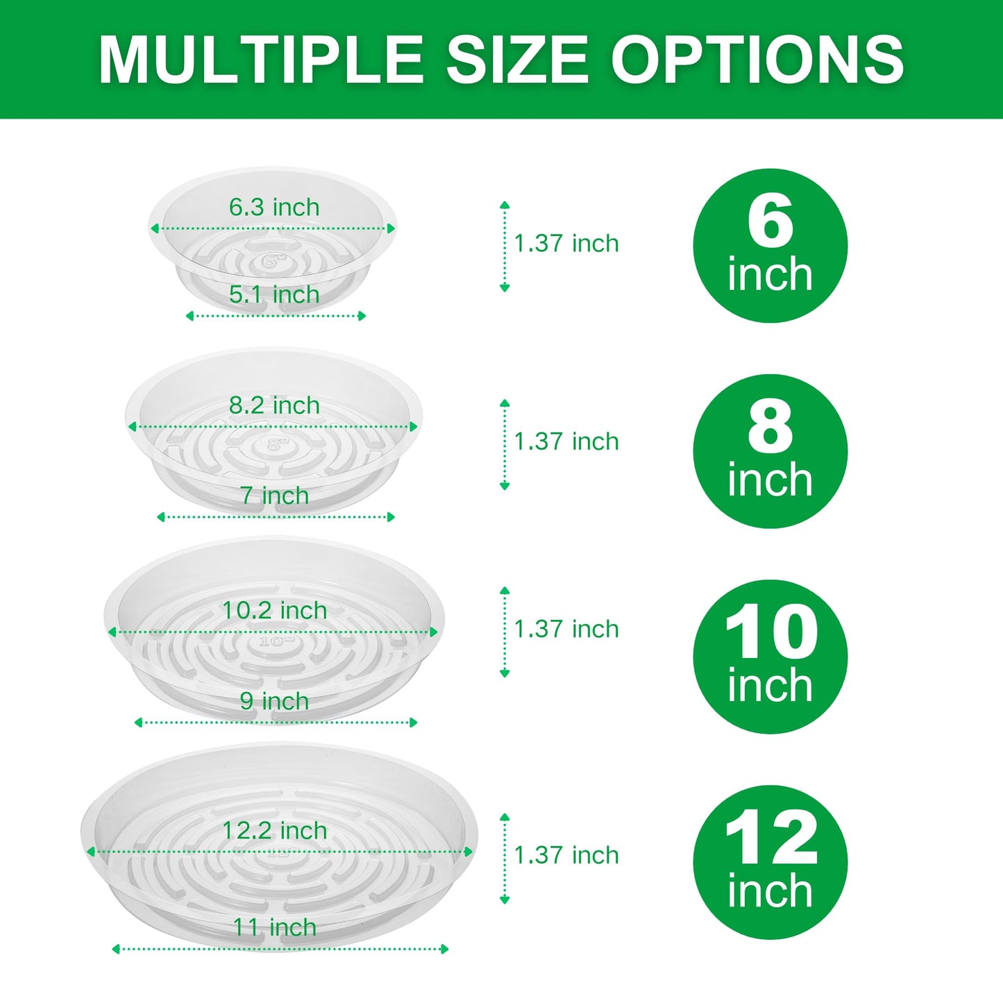 CATIFLIN 24 Pack Clear Plant Saucers - 6, 8, 10, 12 Inch Plastic Plant Trays for Pots, Flower Pot Saucers, Indoor & Outdoor Planter Drip Tray for Water Drainage & Protection