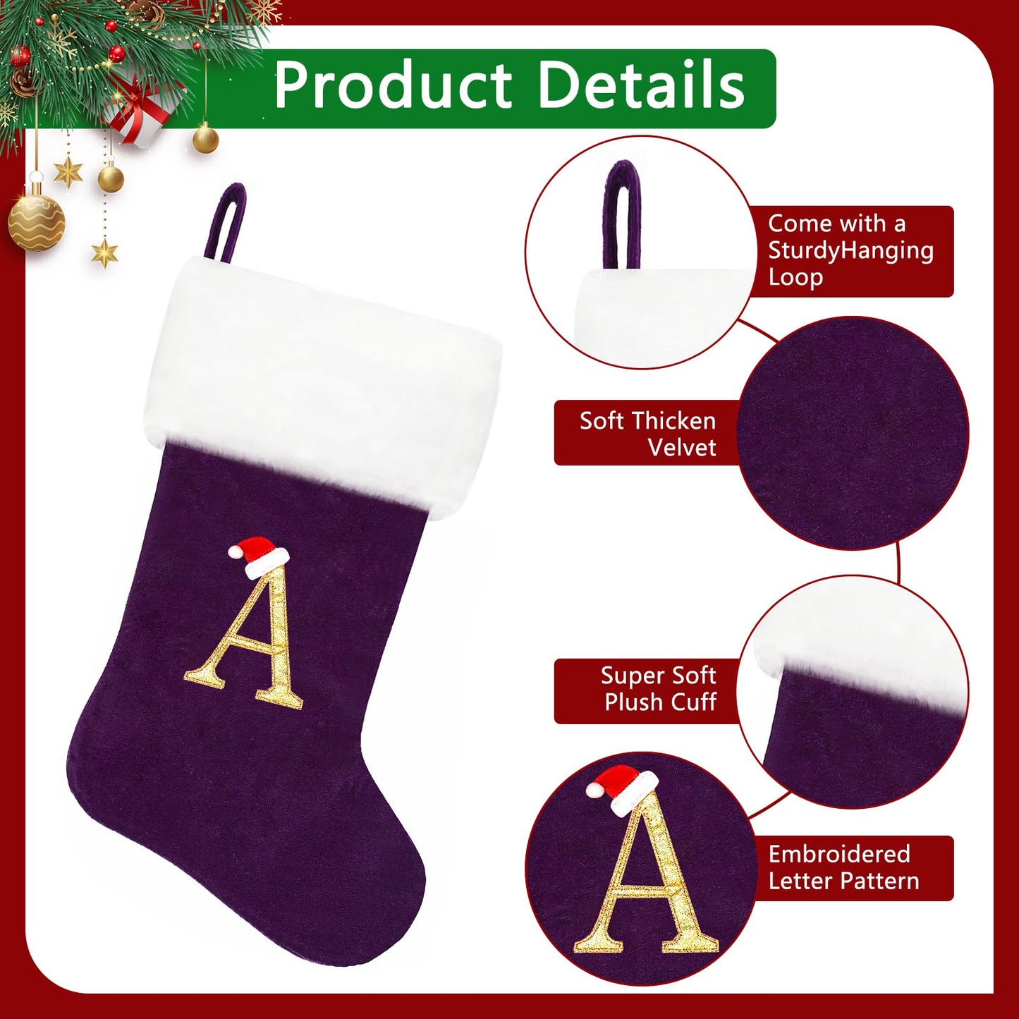20 Inches Monogram Christmas Stockings, Purple Velvet with White Super Soft Plush Cuff Embroidered Letter Christmas Stocking, Personalized Xmas Stocking for Xmas Tree Holiday Fireplace Family Decor（B）