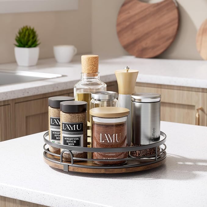 LAMU 2 Pack 10'' 12'' Lazy Susan Turntable Organizer for Cabinet, Round Wood Lazy Susan for Table Top, Countertop, Pantry, Spice, Bathroom Vanity, Coffee, Decor