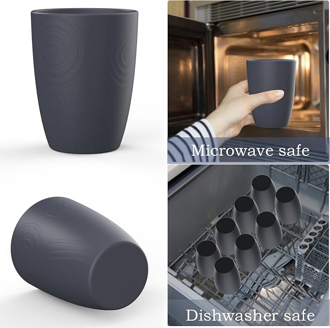 Wrova Wheat Straw Cups 8 PCS Good Alternative to Plastic Reusable Cups 12 oz Unbreakable Drinking Cup Reusable Dishwasher Safe Water Plastic Glasses Deep Grey