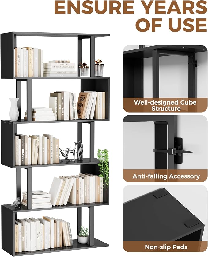 Gadroad 5-Tier Geometric Bookcase,S Shaped Bookshelf, Wood Decorative Storage Shelving, Modern Freestanding Display Shelves, Tall Book Shelf Unit for Living Room Bedroom, Black