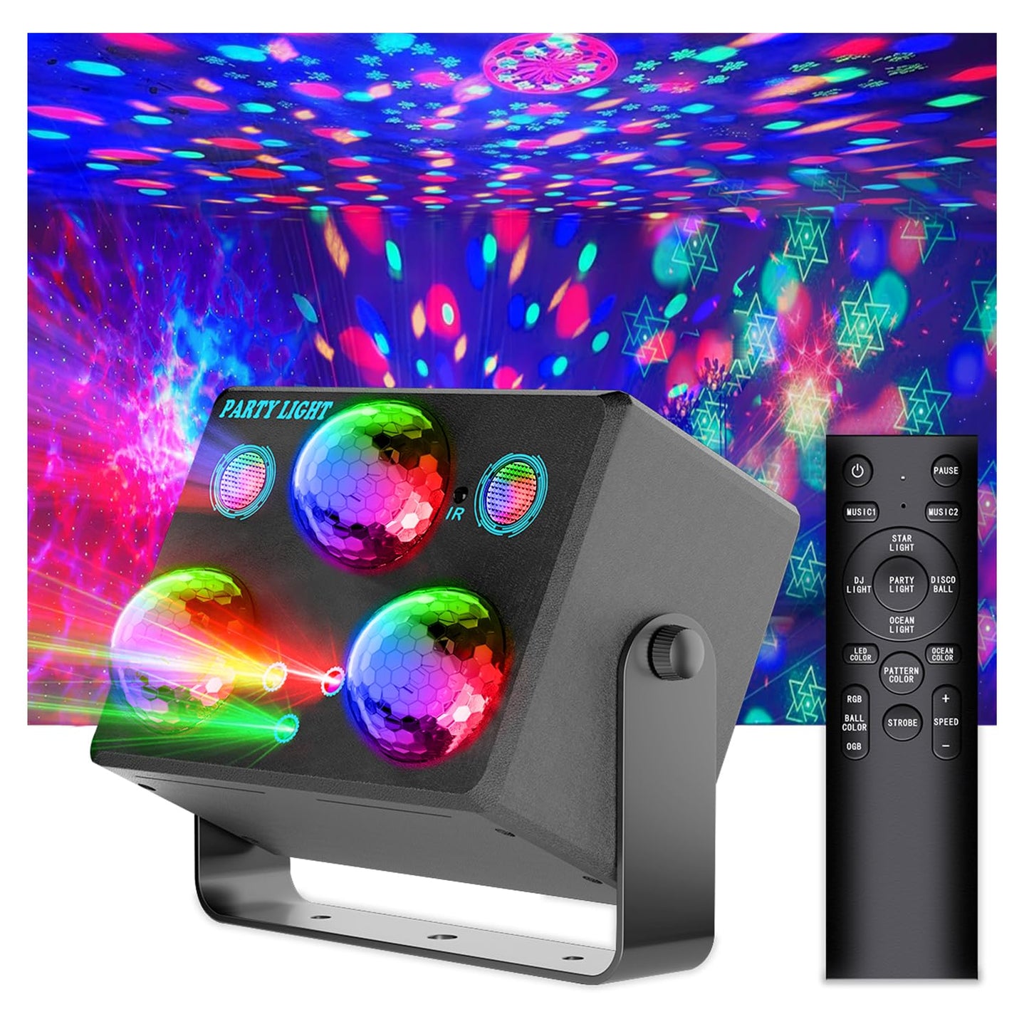 Disco Ball Party Lights,Pro 6 in 1 Disco Lights Sound Activated Dj Strobe with RGB&OGB Disco Balls,Laser Light Show,Ocean Lamp,Star Projector,2 RGB LEDs-Perfect for Disco Glow Party Rave Dance