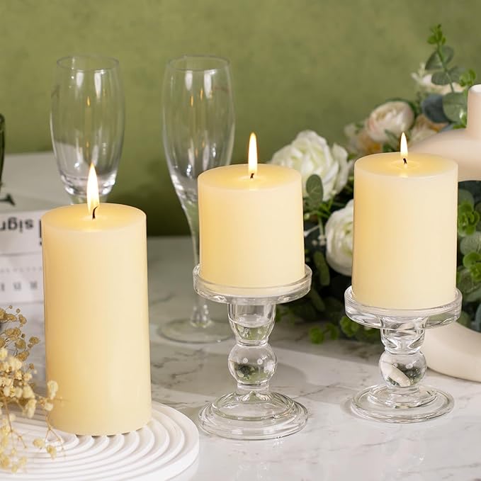 KONNI Ivory Pillar Candles Set of 3, 3"x 4" Unscented Pillar Candles Bulk, 39 Hours Long Burning Candles, Smokeless&Dripless Large Round Candle for Wedding, Home Decoration, Parties, Spas, Dinner