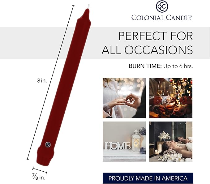 Colonial Candle Unscented Taper Candle, Classic Collection, Traditional Cranberry, 8 in, Pack of 12 - Up to 6 Hours Burn