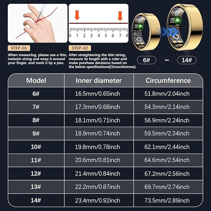Health Tracker Ring, Smart Health Ring for Women Men with Heart Rate, Blood Oxygen, Sleep Monitor, Steps,Calories, No Subscription Fee, IP68 Waterproof Smart Ring for iPhone & Android (Gold, 14#).