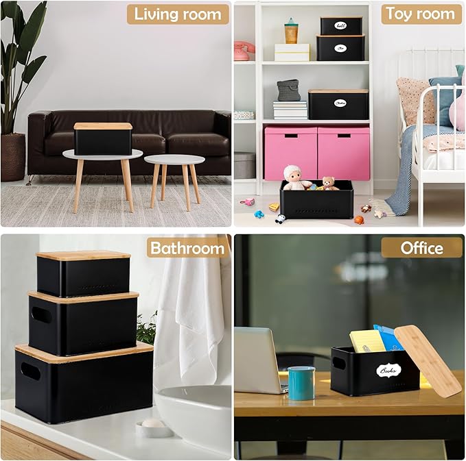 Honeydak 3 Pcs Metal Storage Box with Lid Nesting Farmhouse Storage Bins for Kitchen Pantry Bathroom Living Room Office, Aerating Produce Keeper & Countertop Organizer Set(Black)