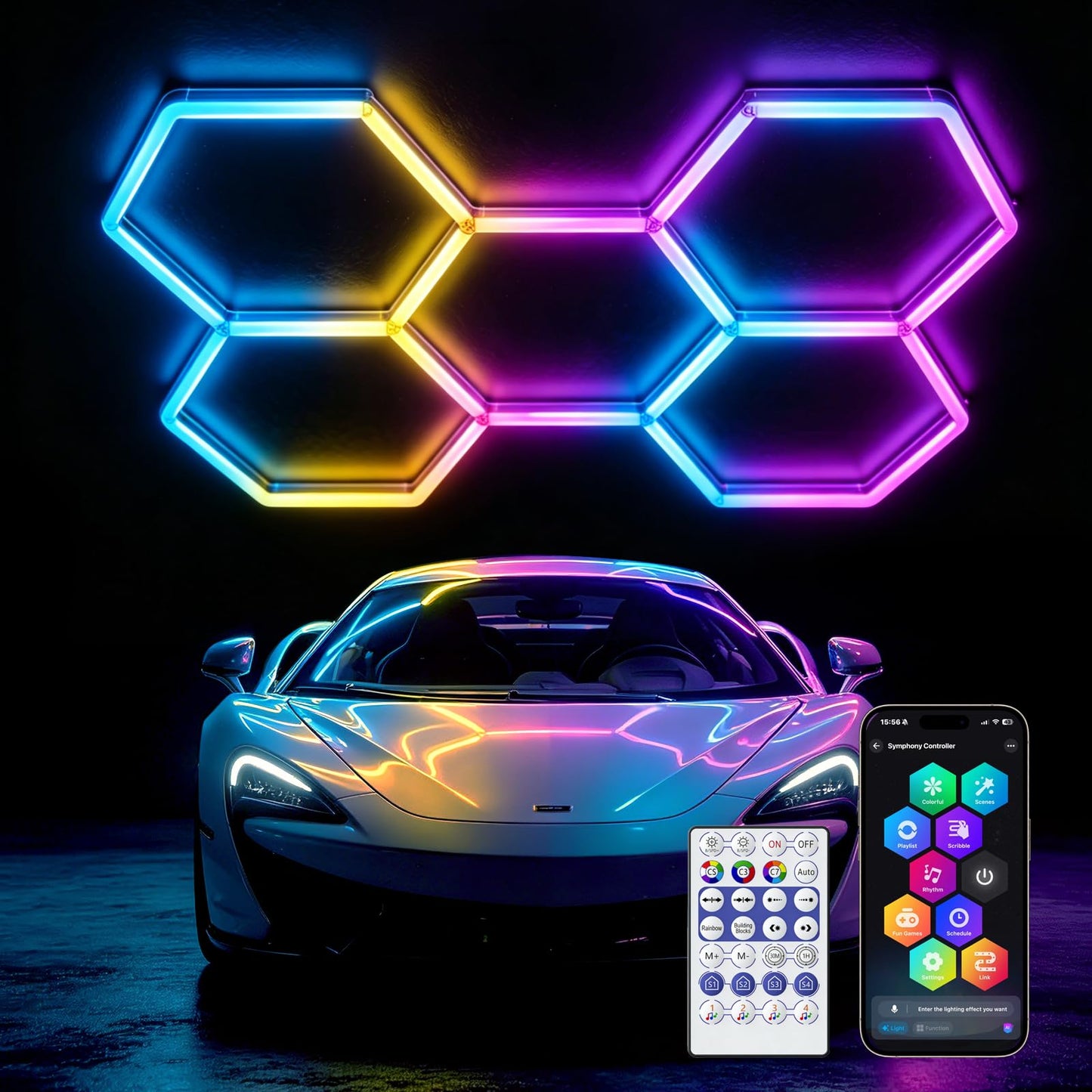 GOSLARLIT Hexagon Garage Lights: 5 Hex RGB Hexagon LED Lights with Music Sync Mode, App & Remote Control, Multi-Color Honeycomb Ceiling Light for Gaming Room, Gym, Garage