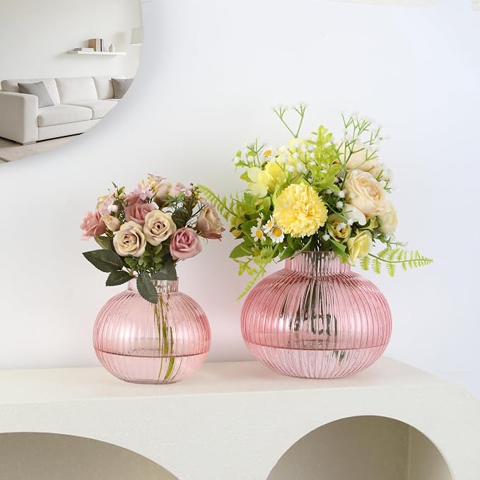 Pink Glass Vases for Tulips, Set of 2, Flower Vases for Bouquet, Ribbed Glass Vase for Flowers, Short Vase for Living Room, Office, Coffee Table, Shelf, Wedding