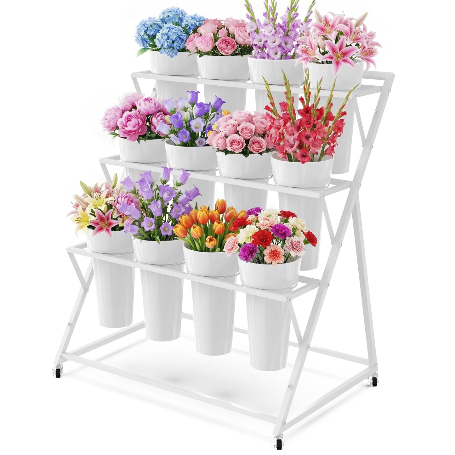 Asee'm Flower Display Stand with 12 Buckets Metal Flower Bar Stand 3 Layer Heavy Duty Flowers Cart Display with Wheels Moving Florist Bouquet Shelf for Indoor Outdoor Patio Decor Terrace Wedding White