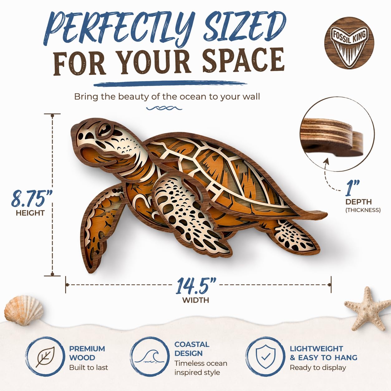 Fossil King Sea Turtle Wall Decor Large 15" – 3D Layered Wood Coastal Wall Art Beach House Ocean Decor