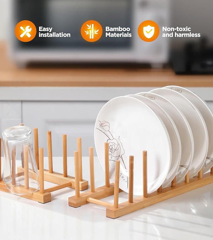 Bamboo Dish Drying Rack, 2 Pack Wooden Storage Holder Organizer for Plate/Bowl/Cup/Book/Pot/Lid/Cutting Board Drying Rack Stand Holder