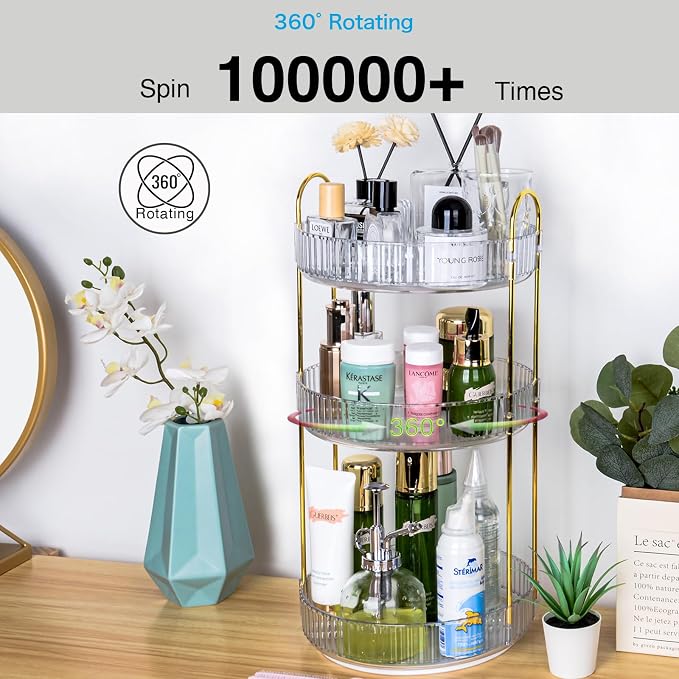 360 Rotating Makeup Organizer, 3 Tier Large Capacity Lazy Susan Bathroom Counter Organizer, Skincare Organizers, Spinning Perfume Organizer & Vanity Organizer Countertop (Golden Clear, 3 Tier)