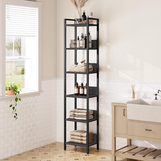 MAHANCRIS Bookshelf, 6-Tier Bookcase, Standing Book Shelf for Small Space, Storage Shelf Organizer, for Living Room, Bedroom, Study, Balcony, Black BKHB6601