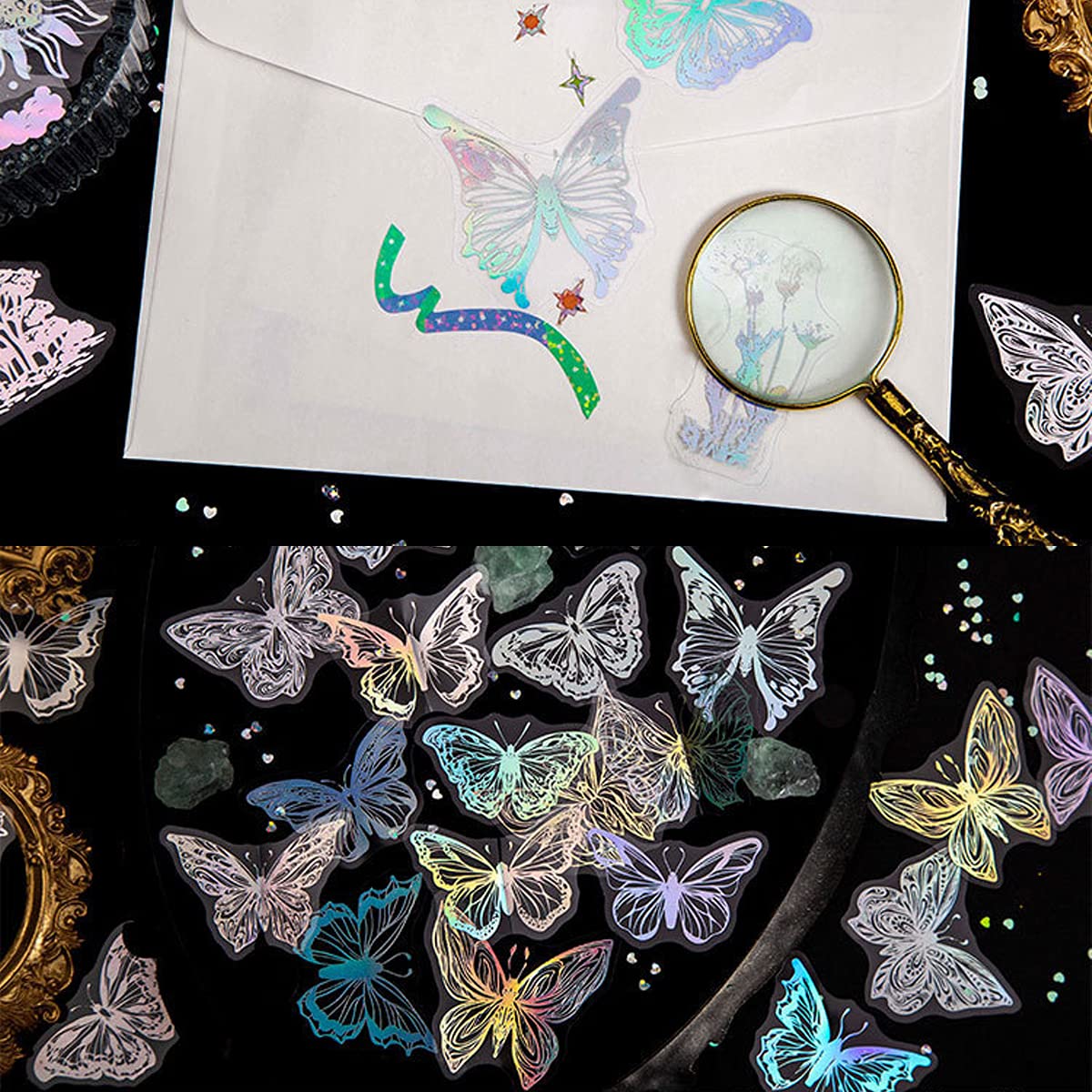 45Pcs Butterfly Holographic Stickers – Waterproof Transparent PET Decals for Scrapbooking, Journaling, Planners & DIY Crafts – Aesthetic Resin Stickers for Phone, Laptop & Water Bottle
