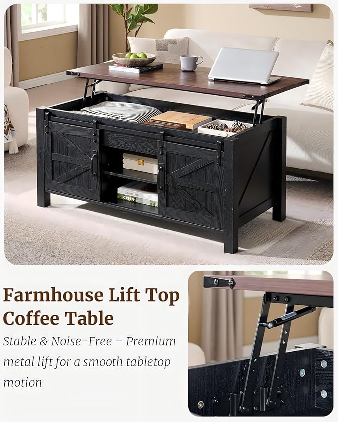OKD 48" Farmhouse Lift Top Coffee Table with Sliding Barn Door, Rustic Center Table w/Hidden Storage Compartment, Lift Tabletop Dining Table w/Adjustable Shelf for Living Room,Black & Walnut Oak