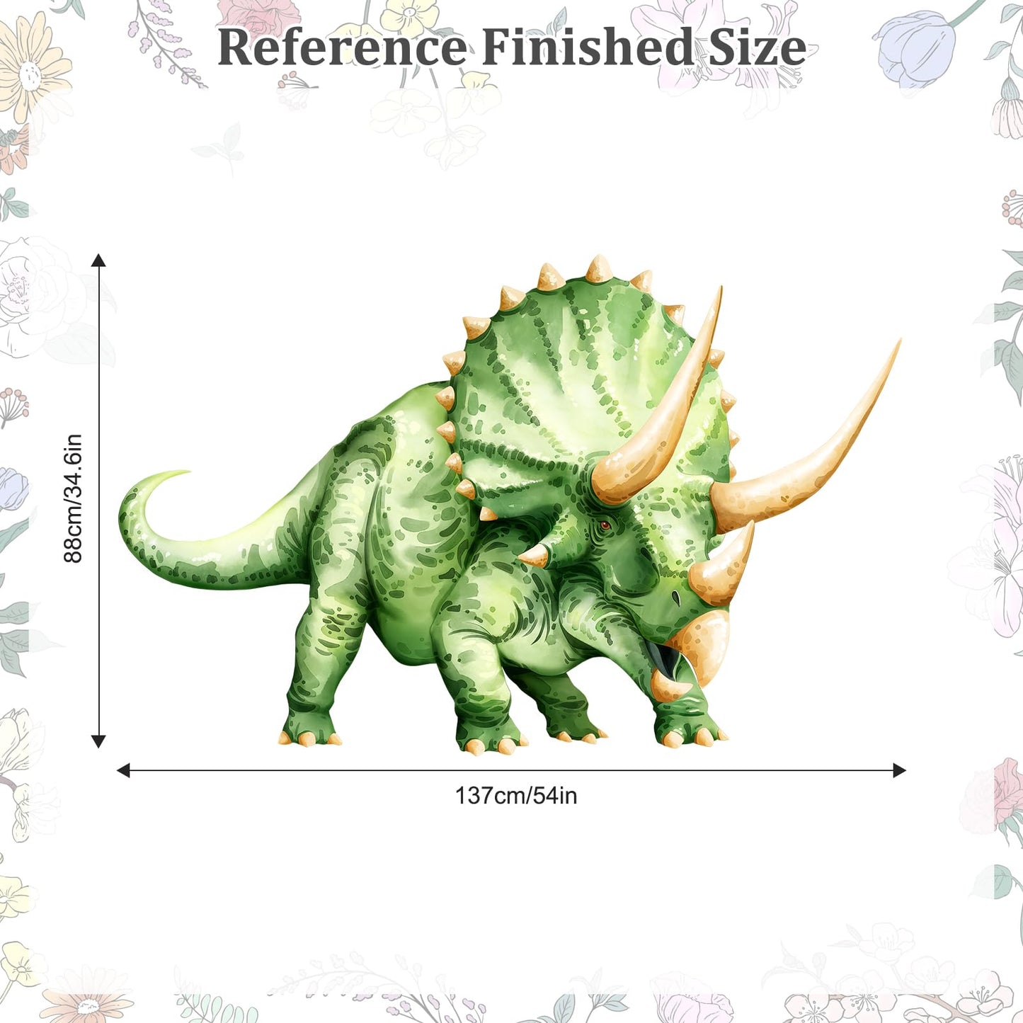 Large Dinosaur Wall Decals, Green Triceratops Dino Wall Stickers Vinyl Peel and Stick Wall Decal Self Adhesive Wall Art Sticker for Baby Nursery Kids Room Home Decor (53.7 * 34.4in)