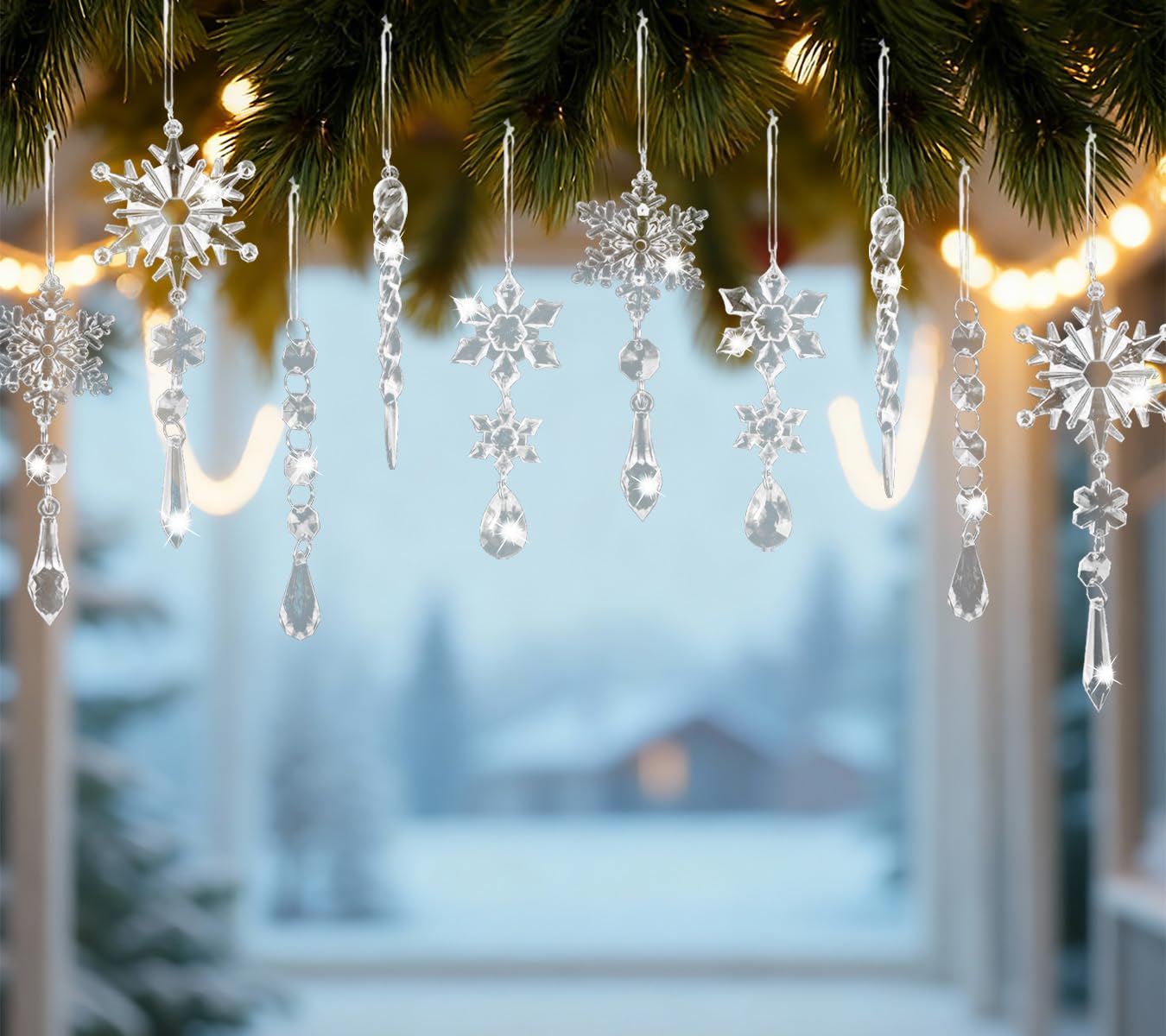 10PCS Crystal Ornaments for Christmas Tree, Hanging Christmas Acrylic Snowflake Icicle Ornaments with Drop Pendants, Crystal Snowflake Ornament for Xmas Party Winter Wonderland New Years
