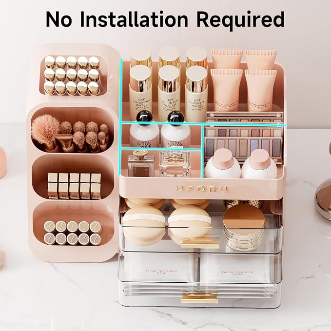 UFORU Makeup Organizer for Vanity with Brush Holder, Large Capacity Bathroom Countertop Skincare Organizer with 2 Drawers, Cosmetic Display Case for Perfumes, Eyeshadow Palettes, Nail Polishes