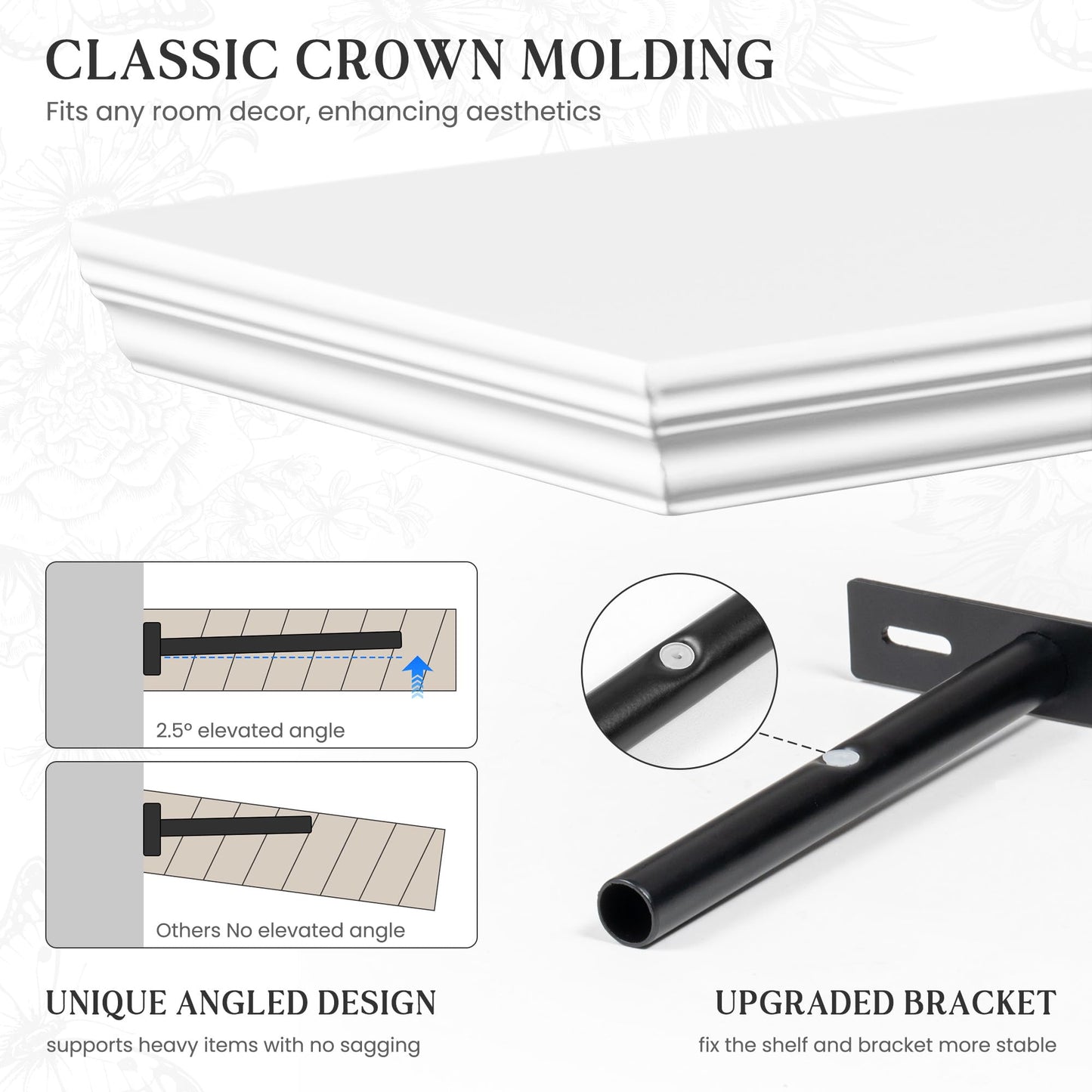 Fun Memories Floating Shelves 24 Inch Long, 9.3 Inch Deep Classic Crown Molding Floating Shelves for Wall, Rustic Wooden Shelves for Wall Decor Bathroom, Kitchen, Office, (White, 2Pack)